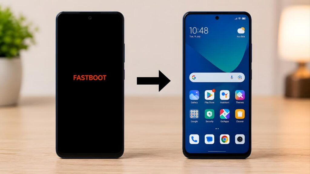 Before and after Android Fastboot Mode Fix showing a phone stuck on the Fastboot screen and successfully booting to the normal home screen.