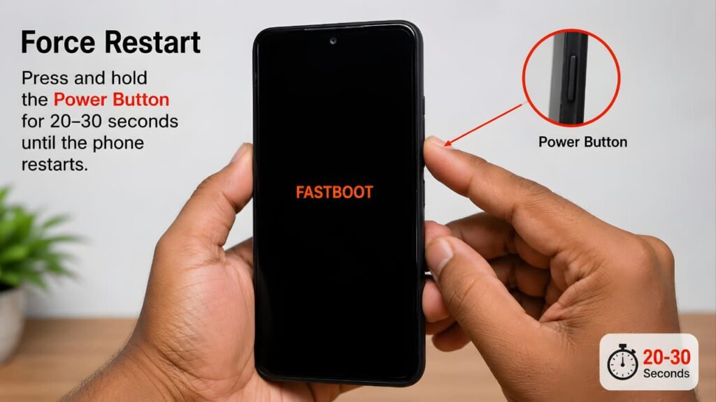 Android Fastboot Mode Fix by pressing and holding the power button for 20 to 30 seconds.
