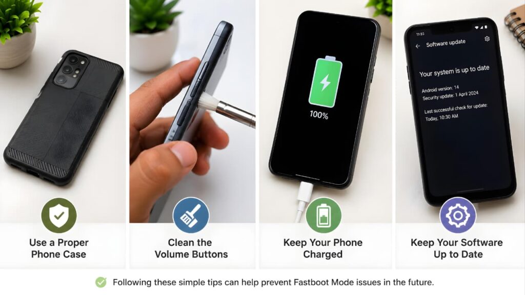 Android Fastboot Mode prevention tips including proper phone case, clean volume buttons, battery care, and software updates.