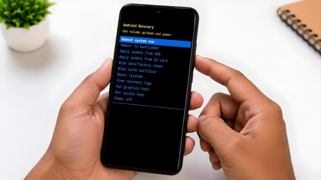 Android Recovery Mode showing the Reboot system now option to fix Fastboot Mode.