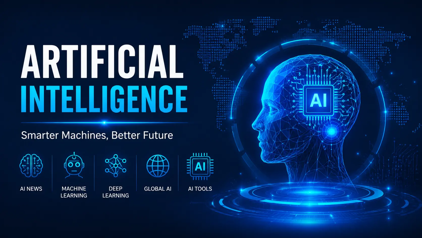 Artificial Intelligence category banner featuring AI tools, machine learning, neural networks, global AI, and future technology.