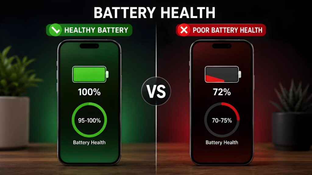 Battery Health Comparison Showing Healthy vs Poor Battery Health on Smartphones