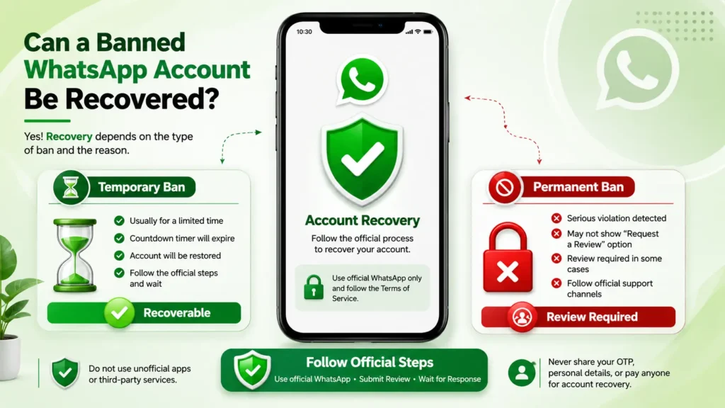 Infographic explaining whether a banned WhatsApp account can be recovered through official recovery methods