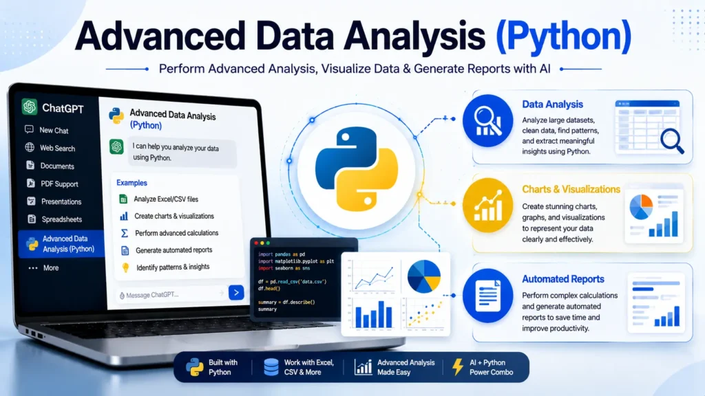ChatGPT Advanced Data Analysis (Python) illustration showing AI analyzing datasets, creating charts, visualizing data, and generating automated reports using Python.