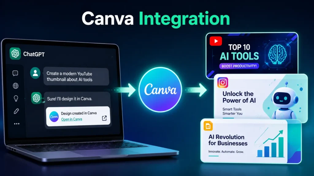 ChatGPT Canva Integration illustration showing ChatGPT creating YouTube thumbnails, social media posts, and presentation designs with Canva.