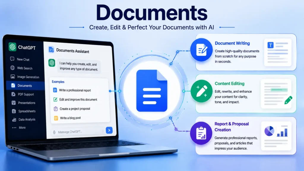 ChatGPT Documents Tool illustration showing AI creating documents, editing content, and generating professional reports and proposals.