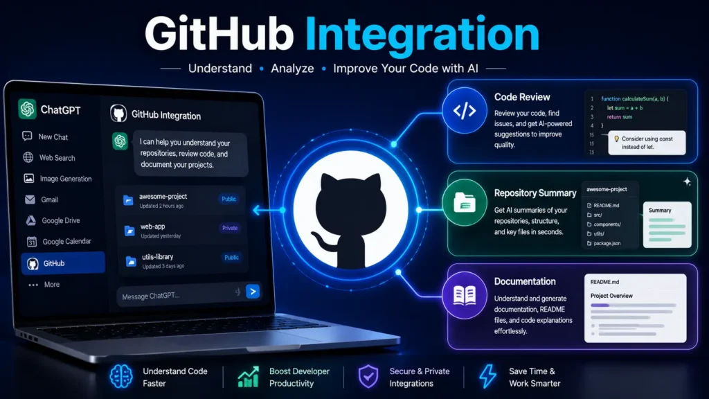ChatGPT GitHub Integration illustration showing AI reviewing source code, summarizing repositories, and explaining project documentation through GitHub.