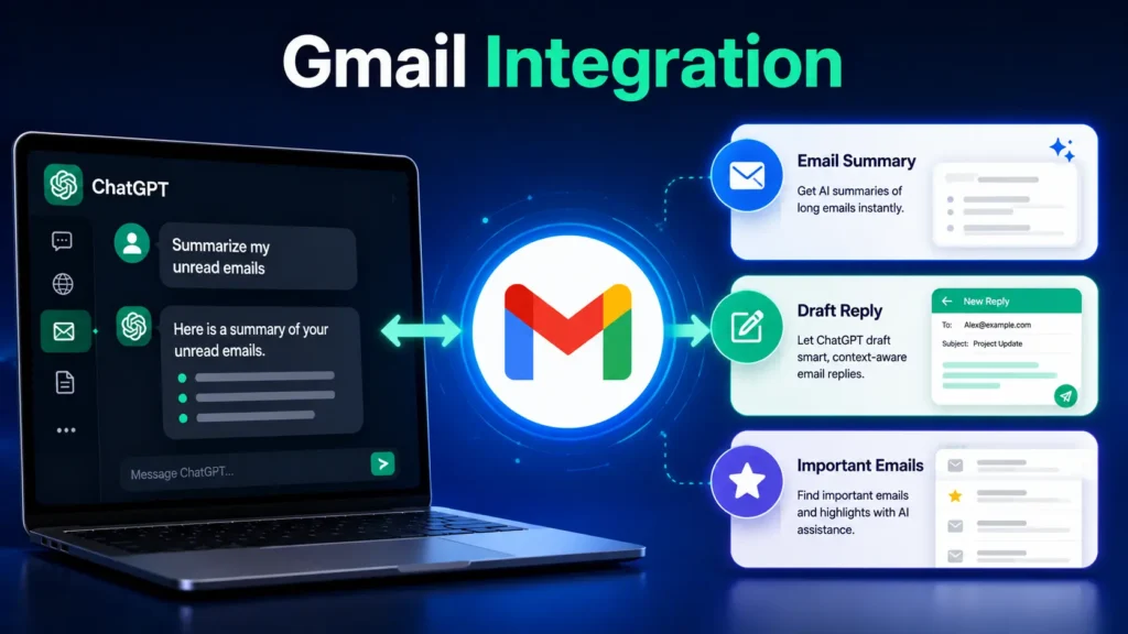 ChatGPT Gmail Integration illustration showing AI summarizing emails, drafting replies, and highlighting important messages using Gmail.