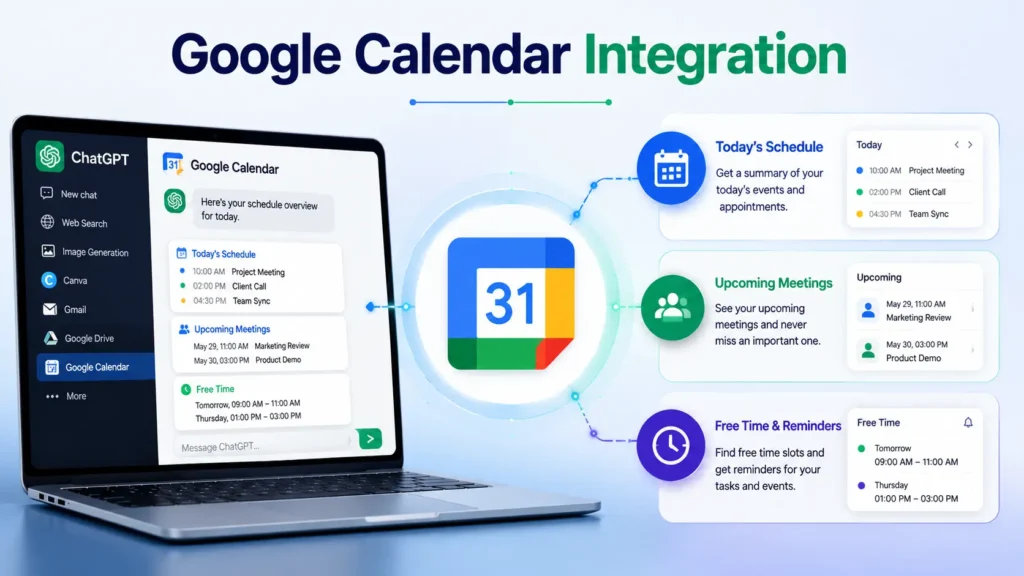 ChatGPT Google Calendar Integration illustration showing AI summarizing daily schedules, upcoming meetings, and free time using Google Calendar.