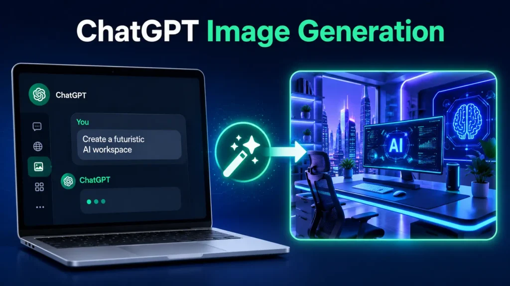 ChatGPT Image Generation illustration showing a text prompt being transformed into a high-quality AI-generated image using ChatGPT.