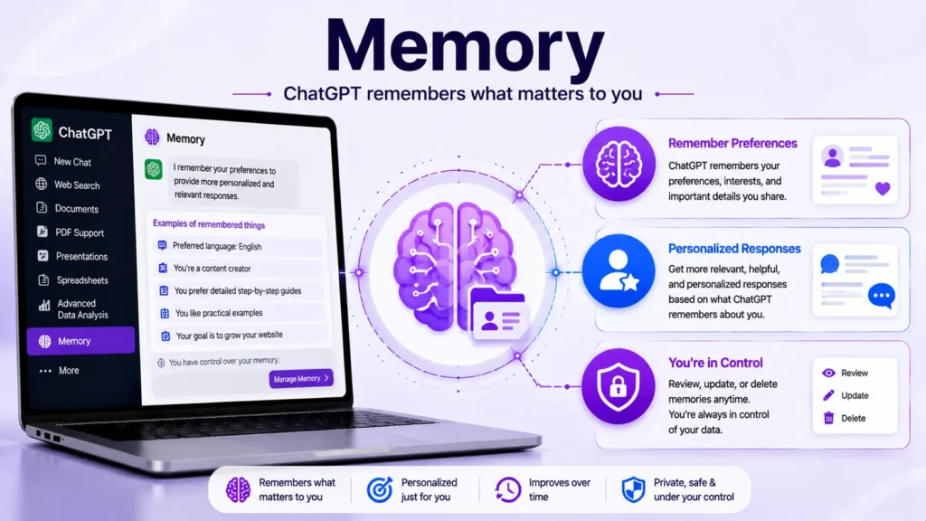 ChatGPT Memory illustration showing AI remembering user preferences, providing personalized responses, and allowing users to manage saved memories.