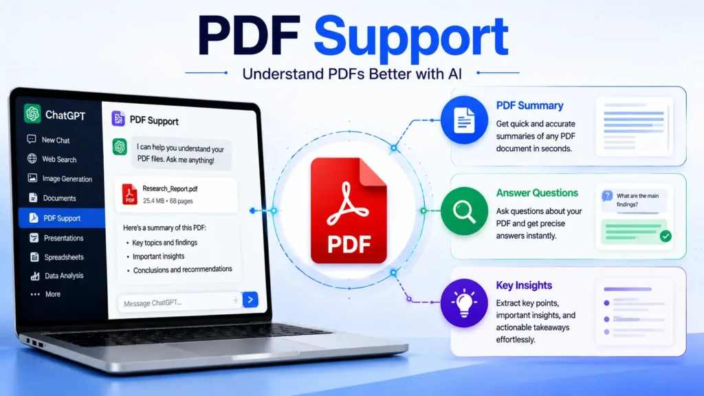 ChatGPT PDF Support illustration showing AI summarizing PDF documents, answering questions, and extracting key insights from PDF files.