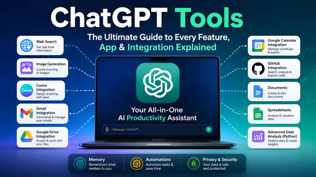 ChatGPT Tools complete guide showing Web Search, Image Generation, Canva, Gmail, Google Drive, Google Calendar, GitHub, Documents, Spreadsheets, Memory, Automations, and Advanced Data Analysis.