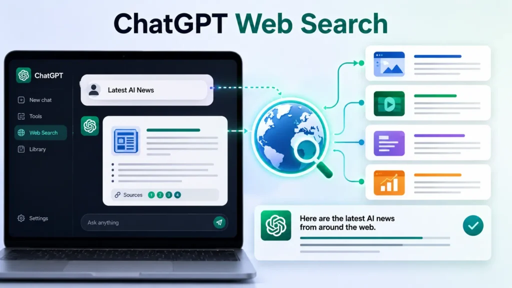 ChatGPT Web Search illustration showing AI searching the internet, gathering real-time information, and providing answers with cited sources.