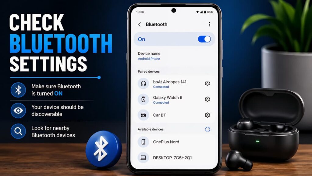 Check Bluetooth Settings on Android before fixing Bluetooth Not Working on Android