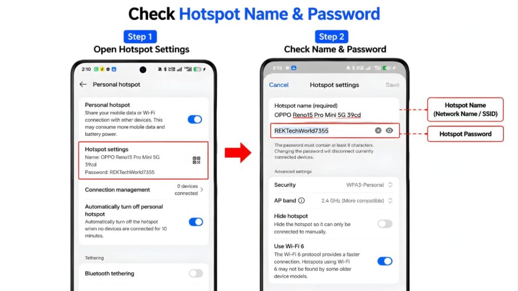 Check Hotspot Name and Password to fix Mobile Hotspot Not Working on Android.