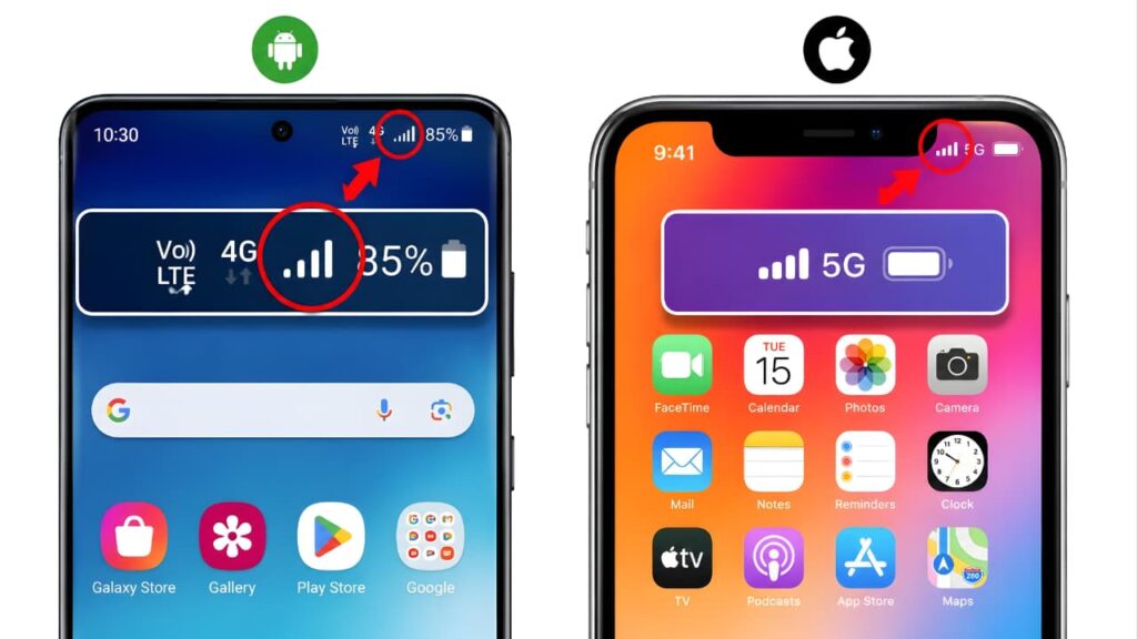Android and iPhone showing mobile network signal bars to check signal strength for fixing mobile data not working issues