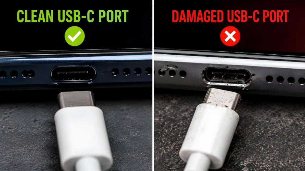 Clean USB-C Port vs Damaged USB-C Port Comparison on a Smartphone