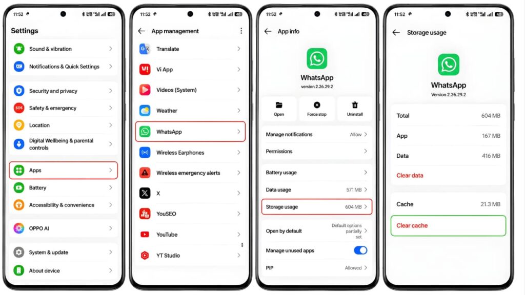 Steps to clear WhatsApp cache on Android using Settings and Storage Usage
