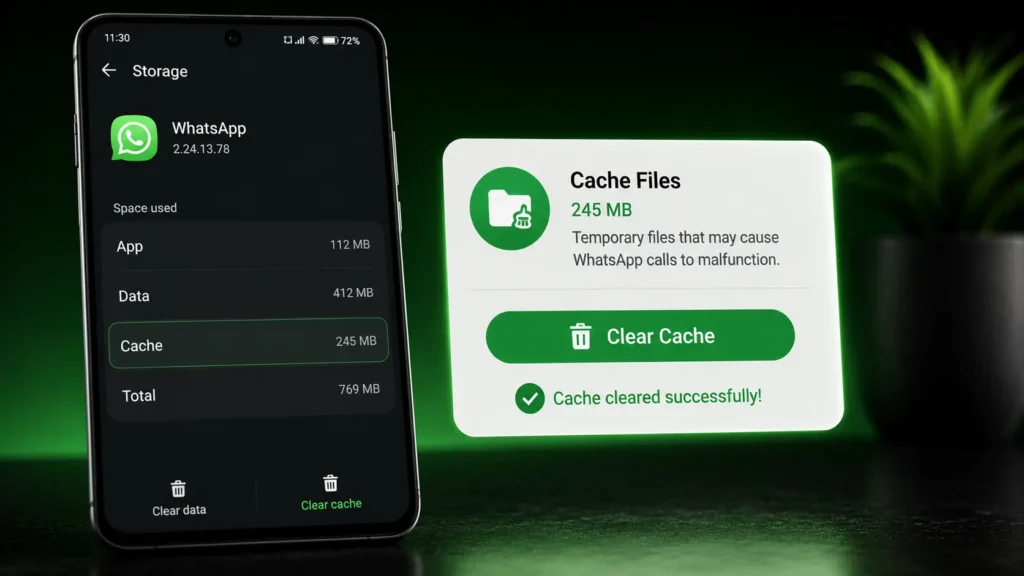 Android smartphone showing WhatsApp storage settings with the Clear Cache option to fix WhatsApp call problems.