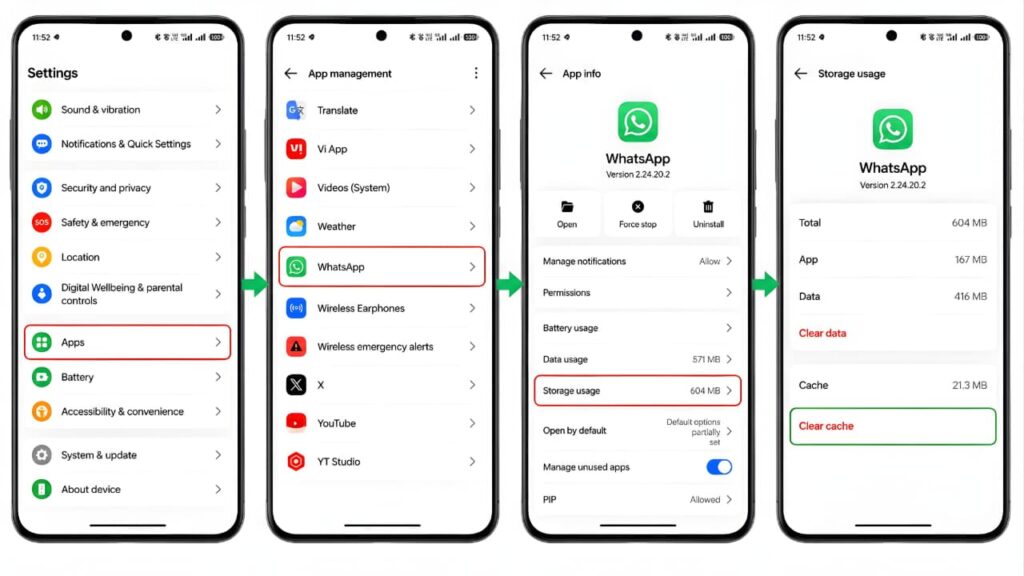 How to Fix WhatsApp Internet Connection Problems by clearing the WhatsApp cache on an Android phone