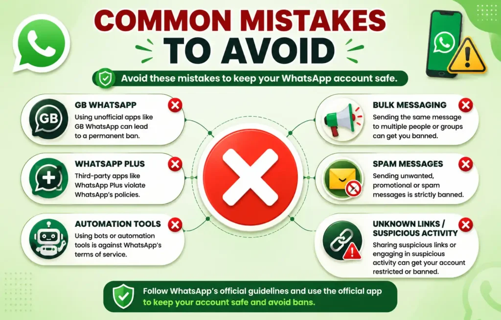 Infographic showing common mistakes that can lead to a WhatsApp account ban, including unofficial apps, spam, automation, bulk messaging, and suspicious activity