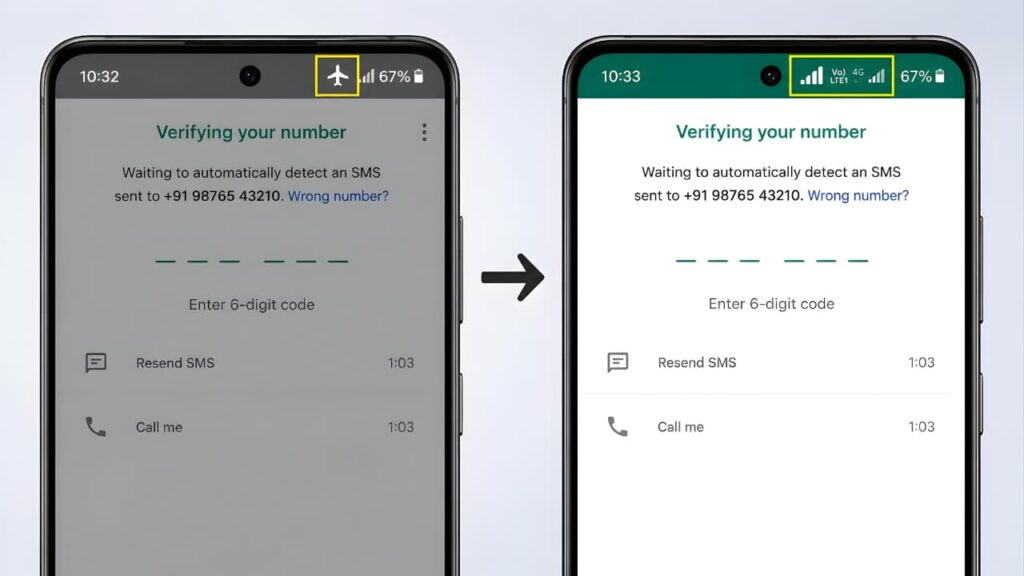 Android phone showing Airplane Mode turned off to receive a WhatsApp verification SMS.