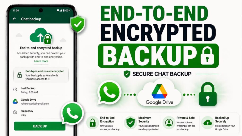 End-to-End Encrypted WhatsApp Backup screen showing secure Google Drive chat backup with encryption enabled.