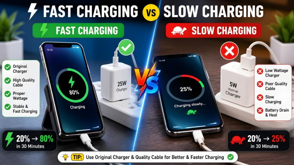 Fast Charging vs Slow Charging Comparison for Android and iPhone Smartphones