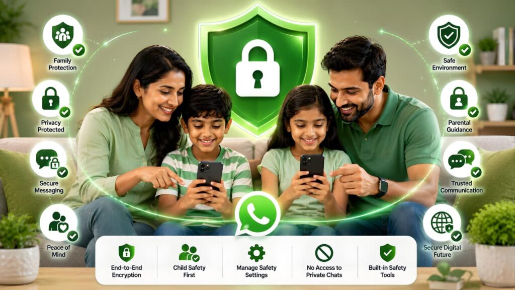 Family using WhatsApp Parent-Managed Accounts with child safety, privacy protection, secure communication, and parental guidance