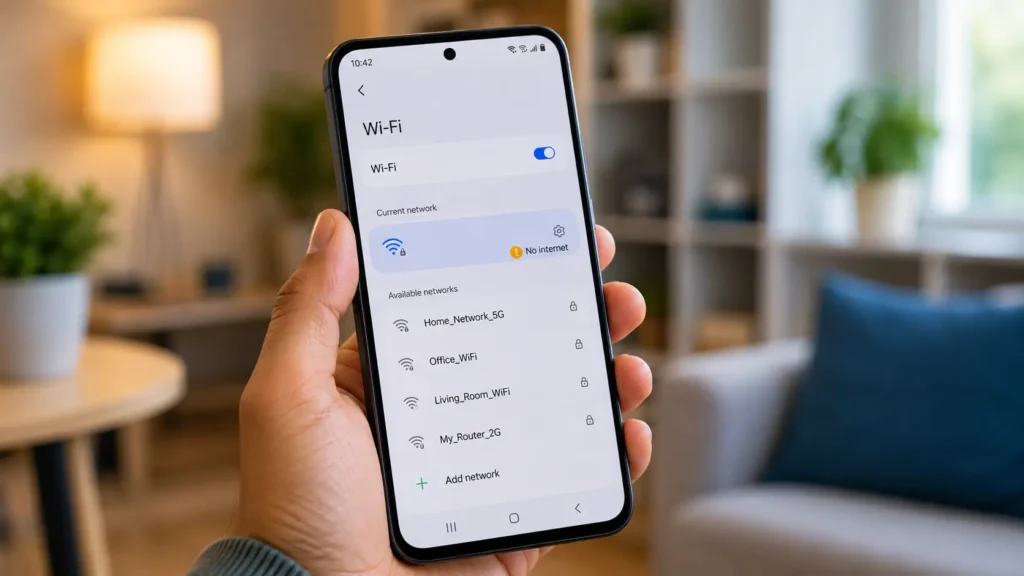Android smartphone showing WiFi settings with a connected network experiencing a no internet connection issue.