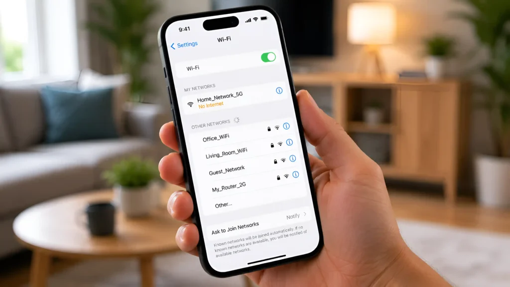 iPhone displaying WiFi settings with a connected network showing a no internet connection issue.