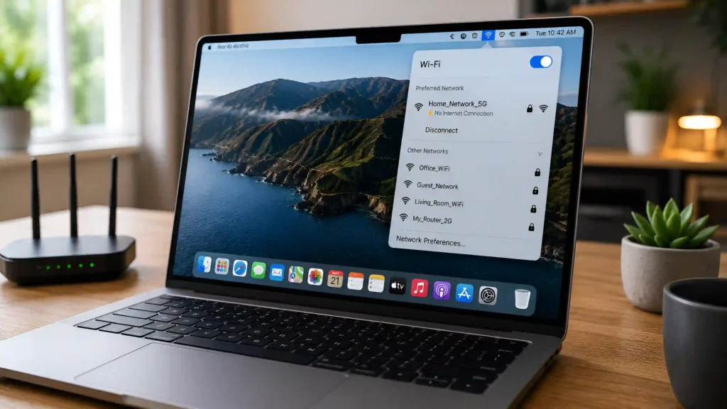 Mac laptop displaying WiFi settings with a connected wireless network showing a no internet connection issue.