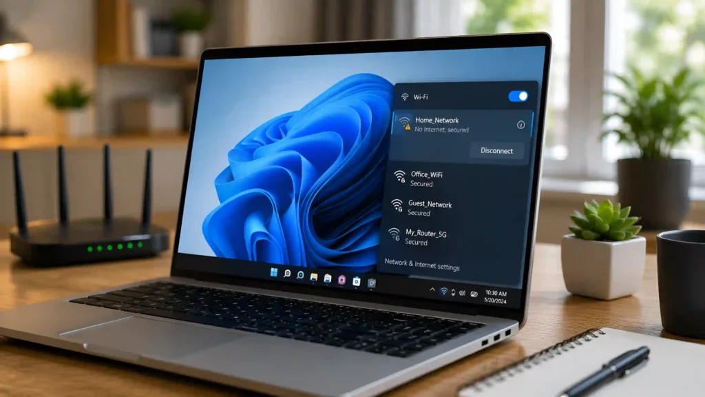 Windows laptop displaying WiFi network settings with a connected network showing a no internet connection issue.