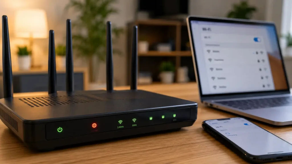Modern WiFi router with status LED indicators alongside a laptop and smartphone showing WiFi connectivity issues.