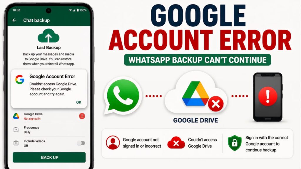 Google Account Error preventing WhatsApp Backup from connecting to Google Drive on an Android device.