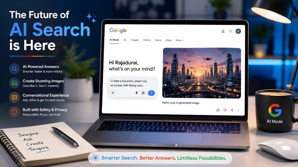 Modern workspace showing Google AI Mode creating an AI-generated image, representing the future of AI-powered search and image generation.