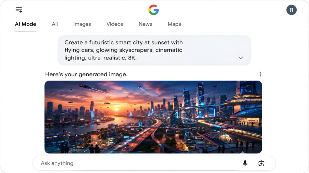 Google AI Mode generating a futuristic smart city image from a text prompt inside Google Search AI Mode.