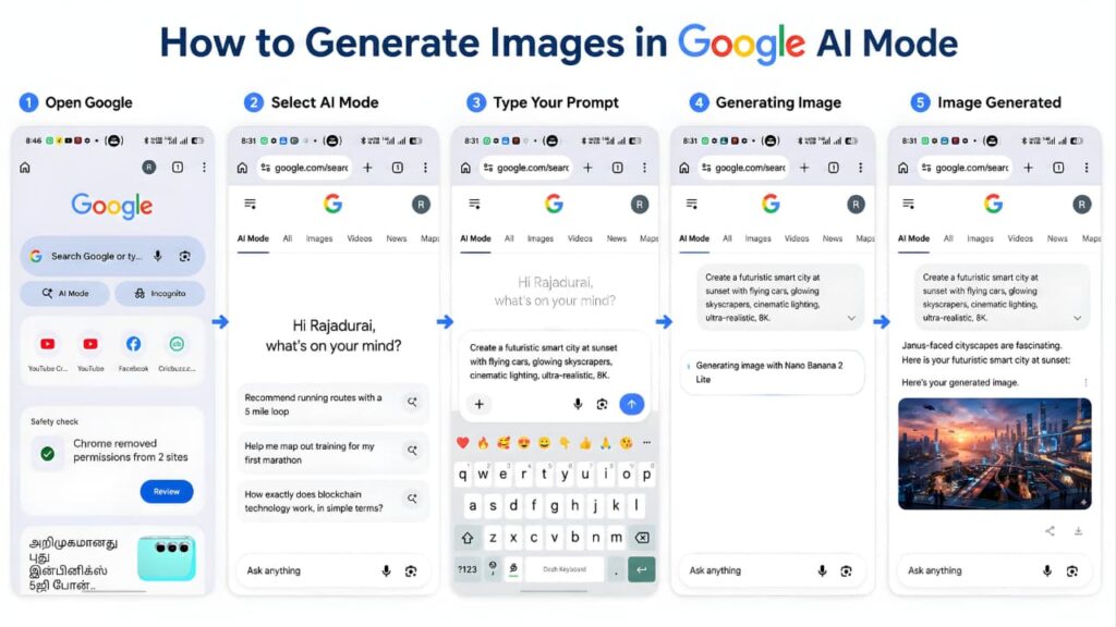 Step-by-step guide showing how to create AI-generated images using Google AI Mode, from opening Google Search to generating an AI image.