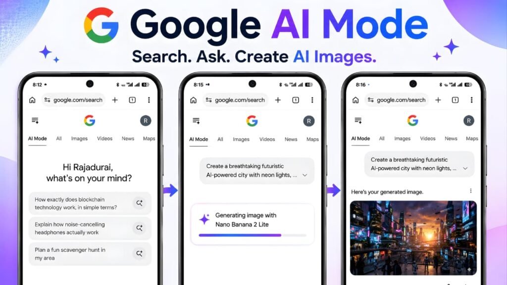 Google AI Mode Image Generation workflow showing AI Search, prompt submission, AI image generation process, and final generated image on a mobile device.