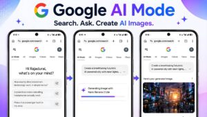 Google AI Mode Image Generation workflow showing AI Search, prompt submission, AI image generation process, and final generated image on a mobile device.
