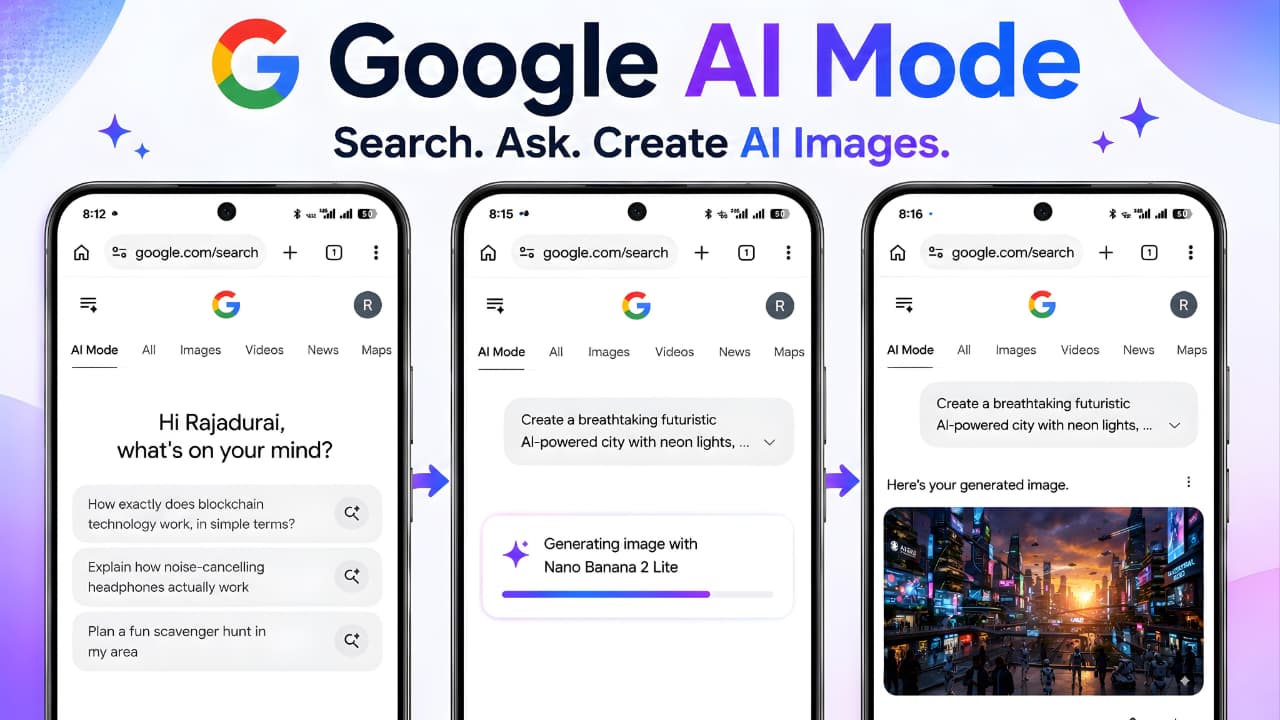 Google AI Mode Image Generation workflow showing AI Search, prompt submission, AI image generation process, and final generated image on a mobile device.
