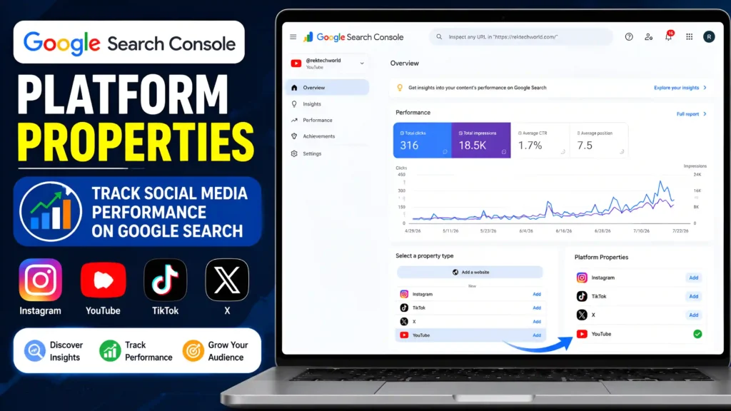 Google Search Console Platform Properties dashboard showing YouTube Platform Property, performance insights, and social media analytics.