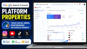 Google Search Console Platform Properties dashboard showing YouTube Platform Property, performance insights, and social media analytics.