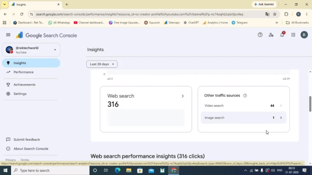 Google Search Console Platform Properties Insights dashboard showing overall clicks, web search performance, and other traffic sources.