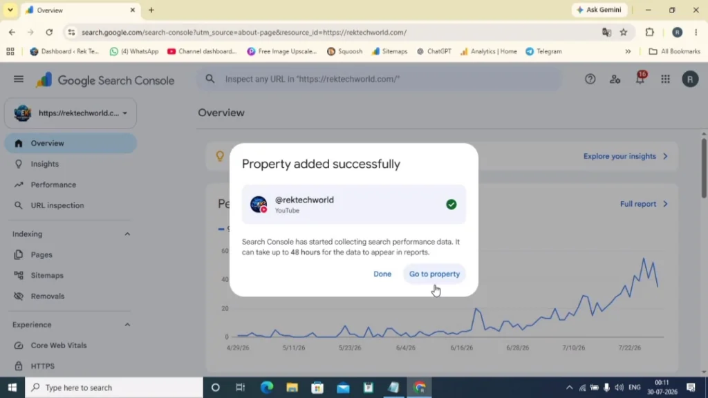 Google Search Console confirmation screen showing a YouTube Platform Property added successfully.