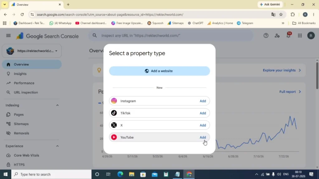Google Search Console Property Selection screen showing YouTube selected as a Platform Property.