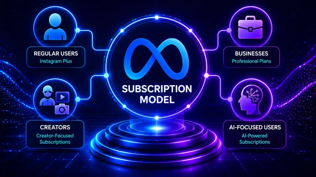Illustration showing how Meta One works through different subscription plans for regular users, creators, businesses, and AI-focused users.