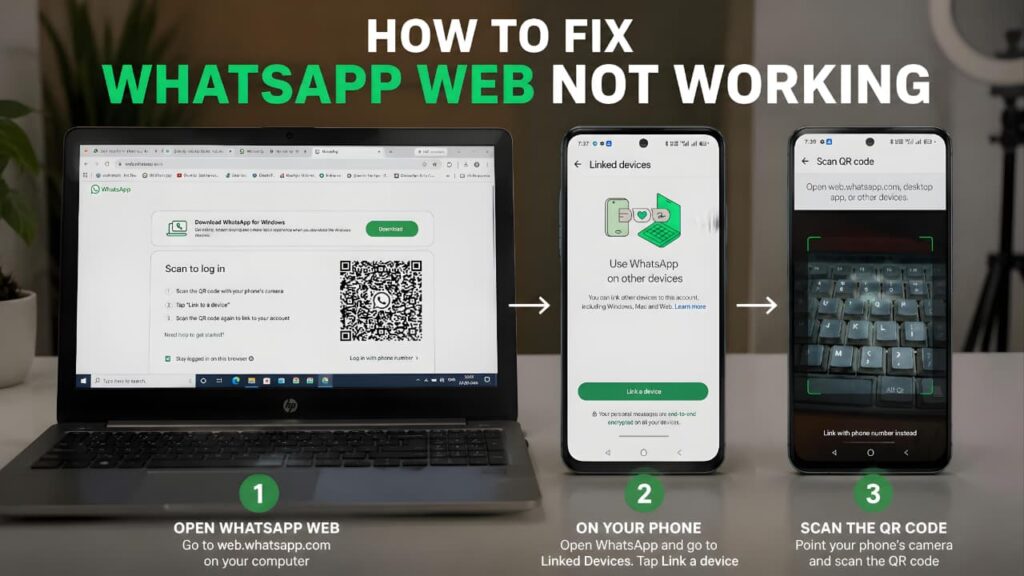 Step-by-step process to connect WhatsApp Web by opening Linked Devices and scanning the QR code with a smartphone.