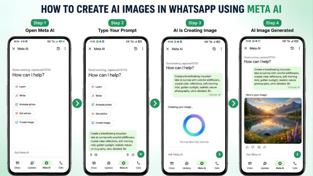 Step-by-step guide showing how to create AI images in WhatsApp using Meta AI